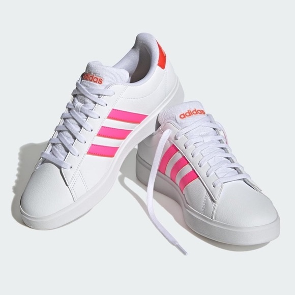 Adidas Grand Court 2.0 Sneakers White Lucid Pink Bright Red Size 8 Low Top - Picture 1 of 14